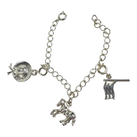 Vintage Silver Plate CHARM BRACELET 6" Horse American Flag Derby Hat Charms - Picture 3 of 4